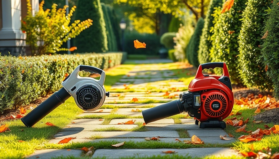 Comparative display of electric vs. gas leaf blowers on garden path.