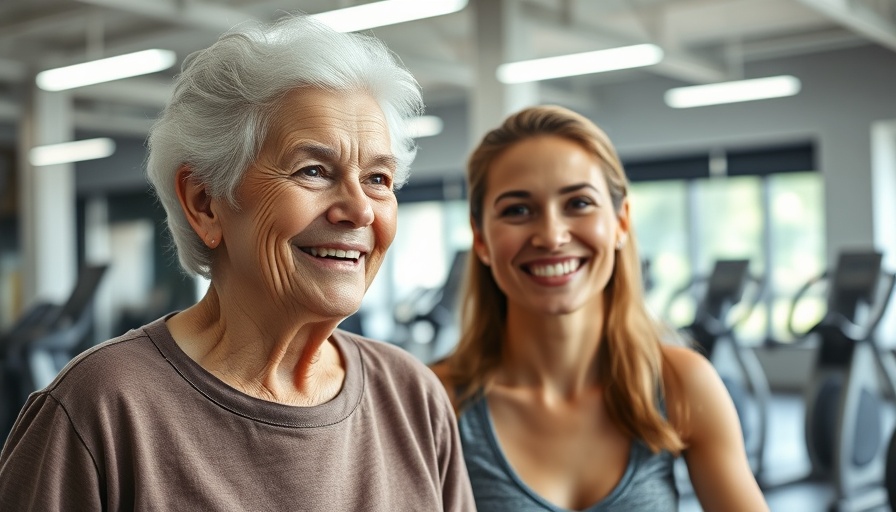 Elderly woman and young trainer in gym for bicep crunches for seniors.