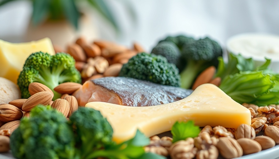 Foods to strengthen bones and joints at home, including broccoli, nuts, and cheese.