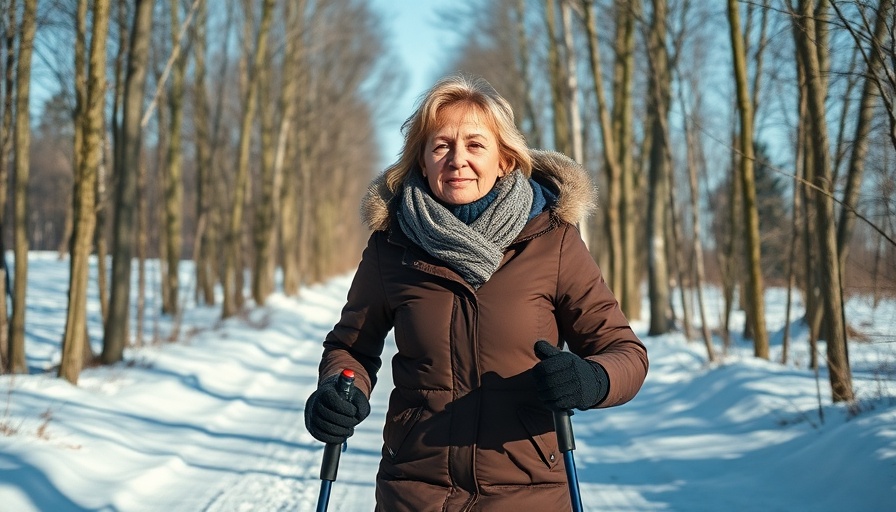 Woman Nordic walking through snowy forest, staying active in winter.