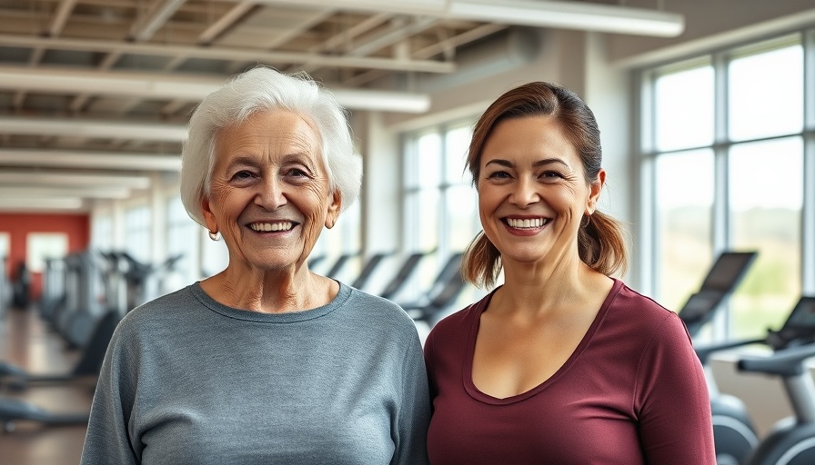 Senior woman in gym smiling for shoulder workout guidance.