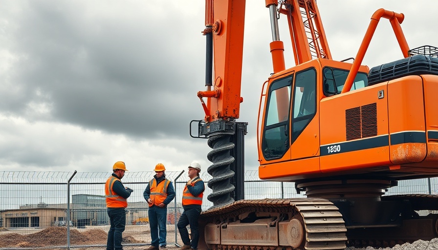 Construction site with orange excavator, workers inspecting.