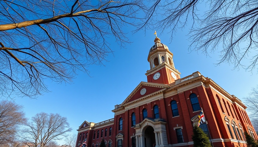 Historic Maryland government building with flags under blue sky.