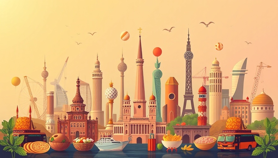 Culinary Adventures in Senior Living illustrated with global landmarks and food.