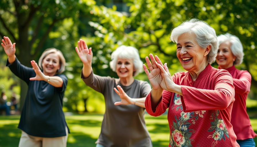 Senior women practicing tai chi in a park, embracing Health Tips for Seniors.