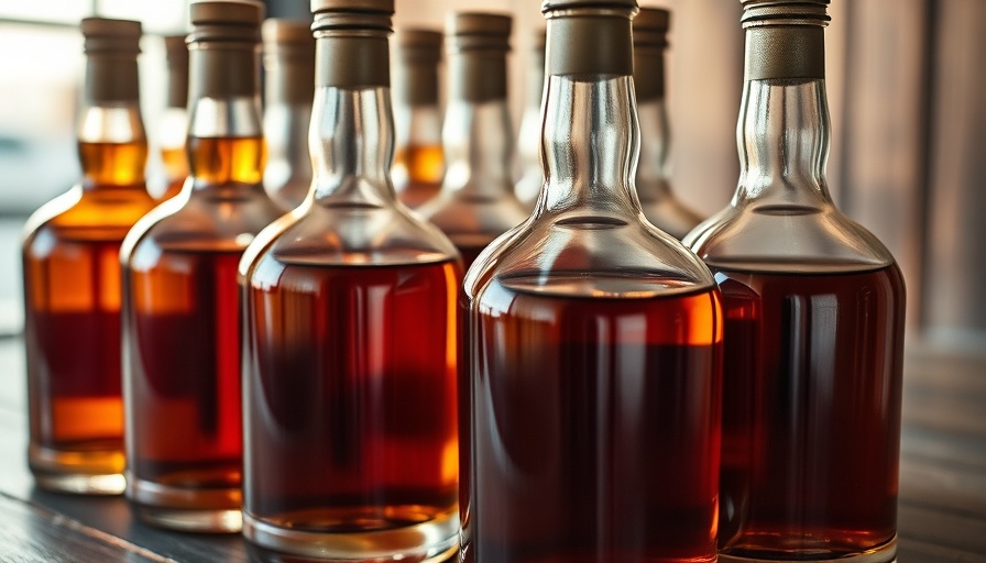 Close-up of whiskey bottles reflecting light, illustrating US export challenges.