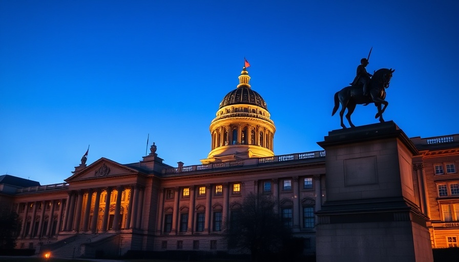 North Carolina Tax Proposal backdrop, illuminated historic building and statue