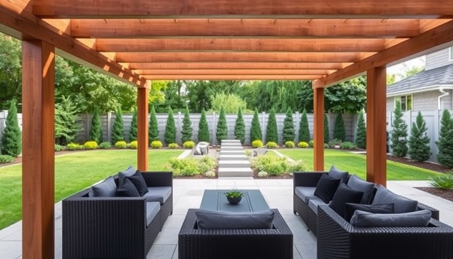 Modern wooden pergola with contemporary design in garden setting.