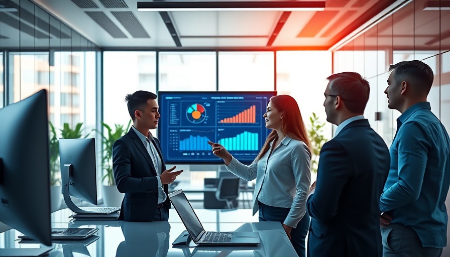 Professionals discussing pharmaceutical sales trends in modern office.