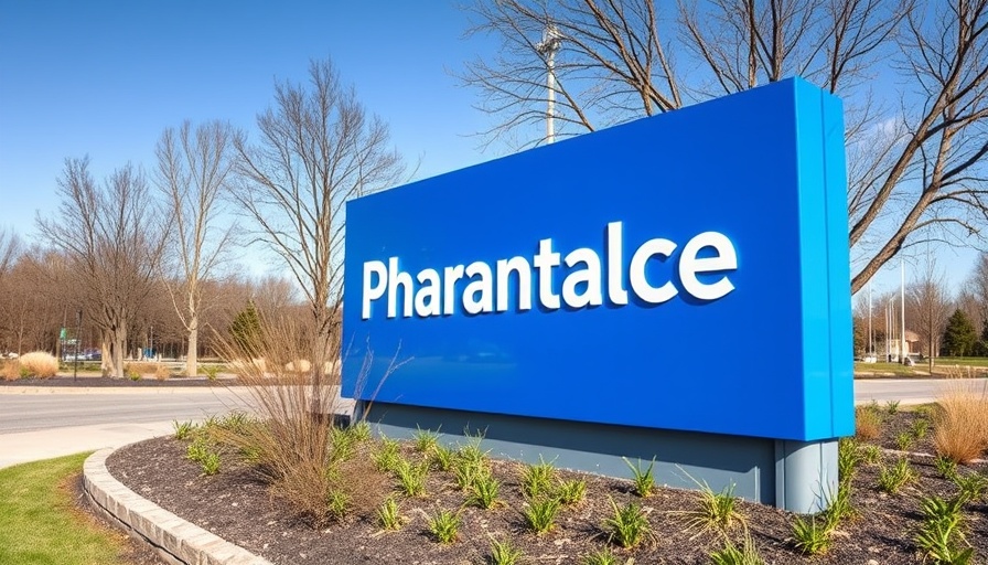 Blue company sign in landscaped area, U.S. Pharmaceutical Manufacturing Trends.