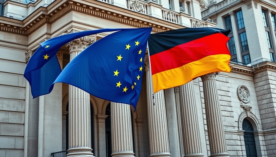 European Union and German flags waving in front of historic building.