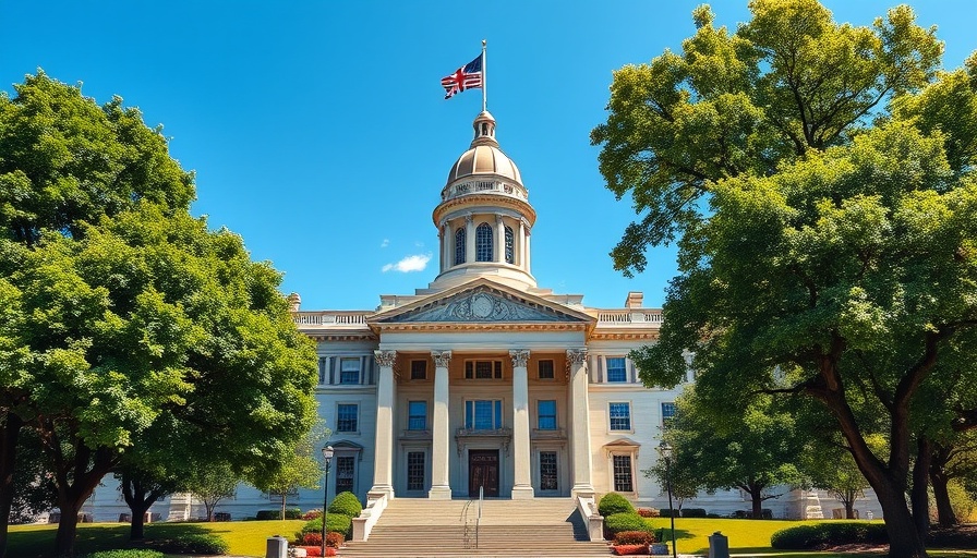 North Carolina government building with flags under a blue sky, related to tax reduction triggers.