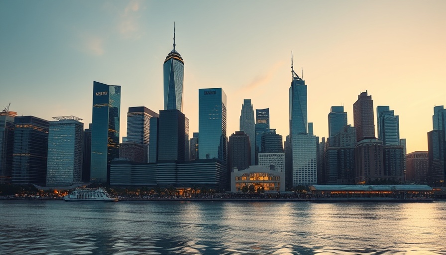 Vibrant city skyline at dusk reflecting on water, economic growth.