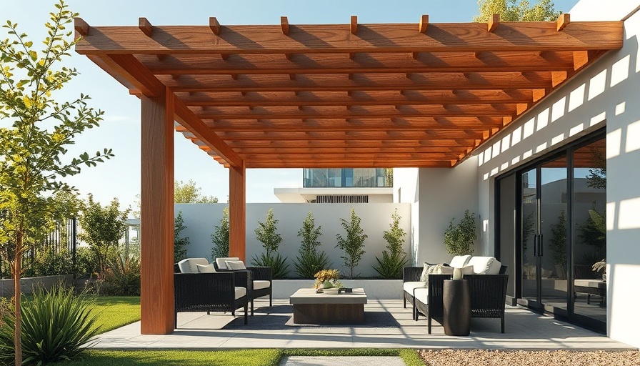 Modern backyard pergola design ideas with wooden structure and greenery.