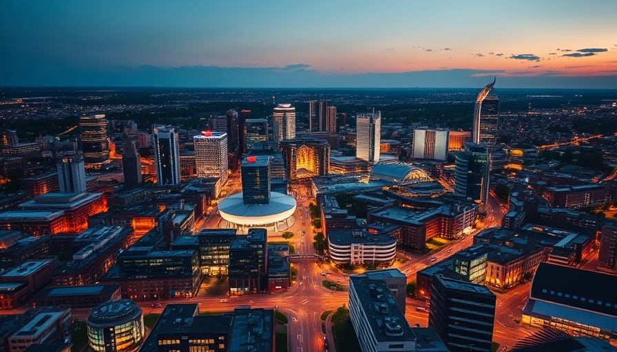 Aerial view of illuminated Birmingham skyline at dusk.
