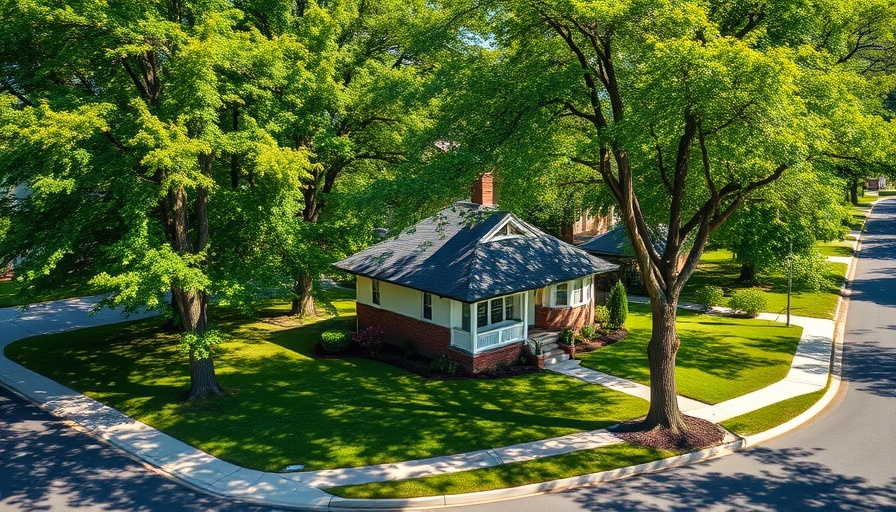 Charming suburban house with trees and lawn, sunny day, property tax repeal.
