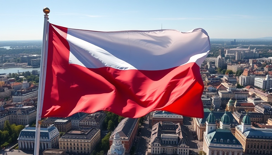 Waving Polish flag overlooking a vibrant urban cityscape, highlighting Poland's Tax Policy Presidential Elections.