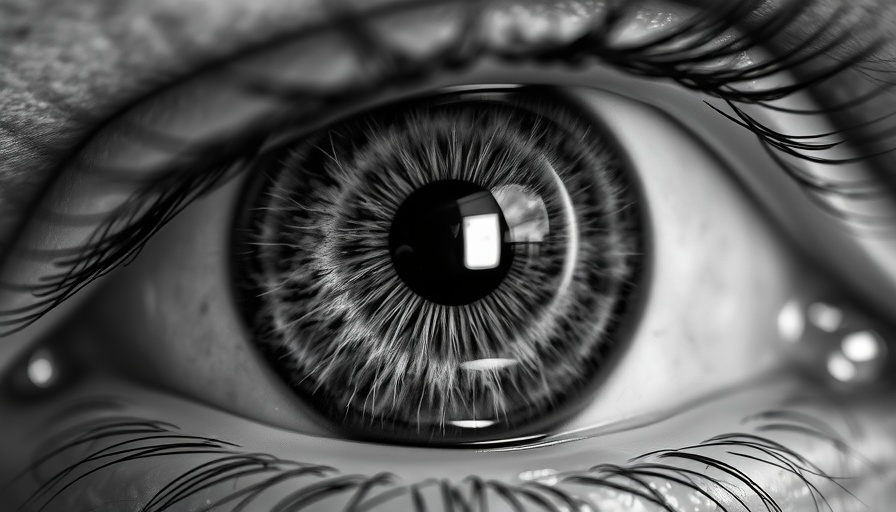 Close-up of a human eye in black and white, showing iris details.