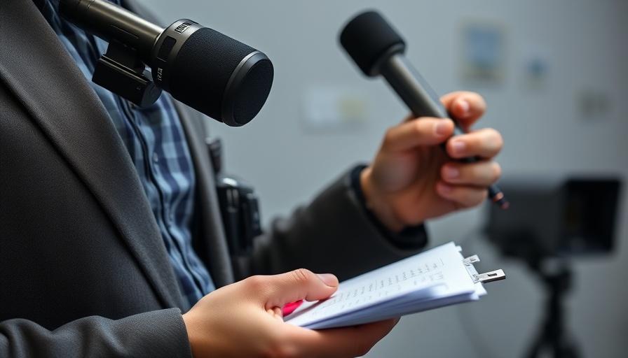 Journalist with microphone and notepad reporting latest medical news.