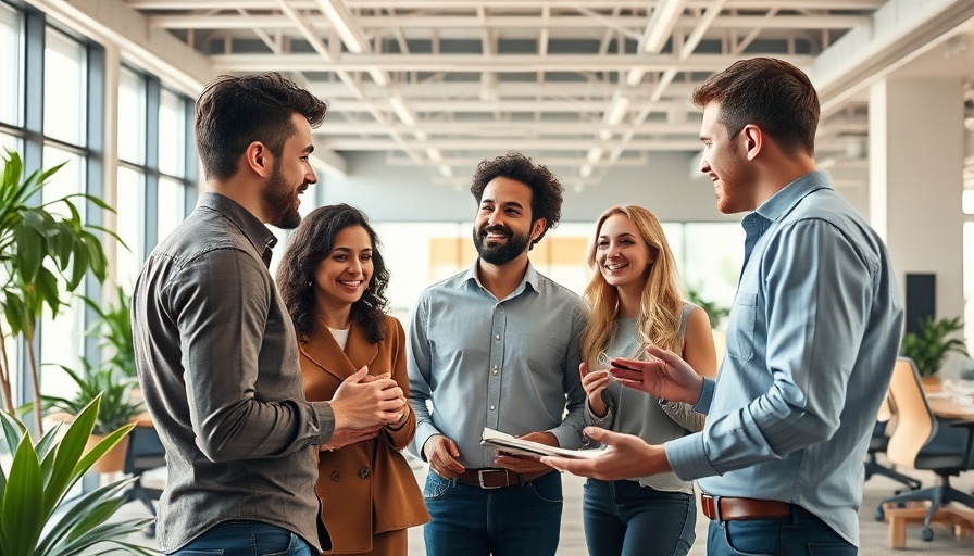 Diverse employees engaged in discussion in modern office space.