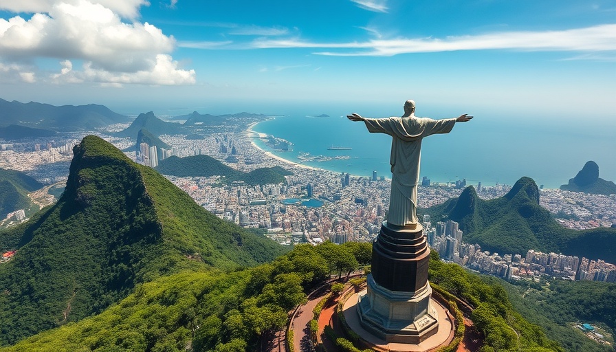 Rio de Janeiro aerial view with Christ statue, lush landscape.