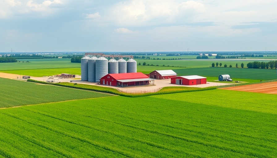 Smart farm technology integration with modern farm aerial view.