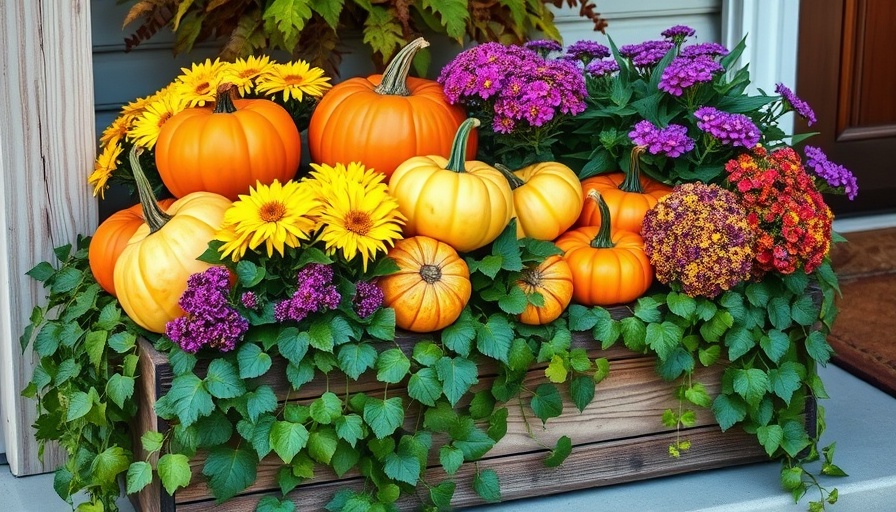Stunning fall planter ideas with pumpkins and mums on porch.