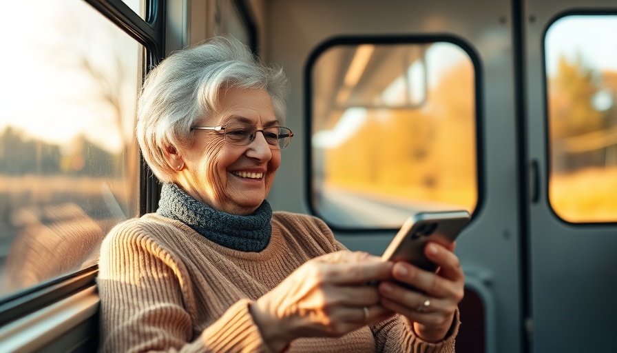 Elderly woman using smartphone on train, enjoying travel.