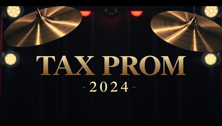 Tax Prom 2025 event announcement with dark, stylish decor.