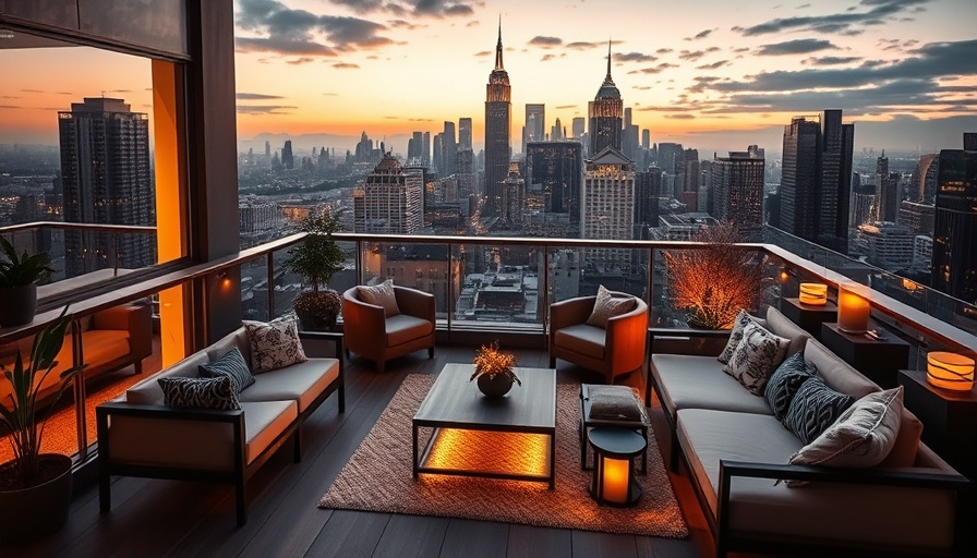 Luxury apartment terrace living space with city skyline at sunset.