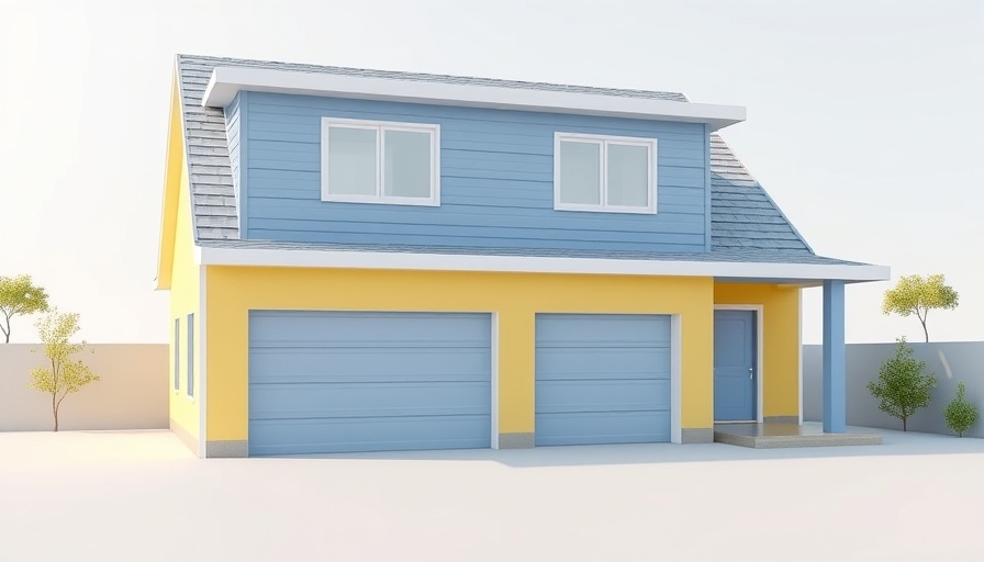 3D rendering of renovated house with yellow and blue facade.