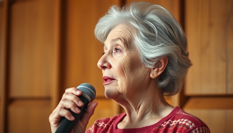 Elderly woman presenting audio storytelling at event; generational connections.