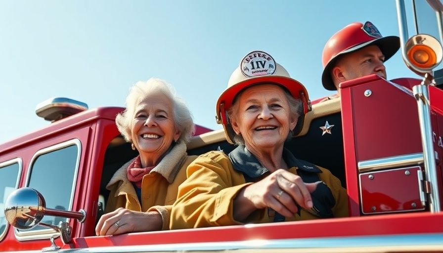 Huntington Beach Fire Engine with elderly woman and firefighter enjoying a ride.