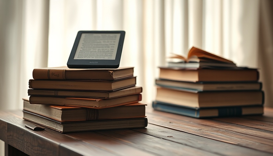 Old books and e-reader on table in soft light for Senior Planet Book Club Vote.