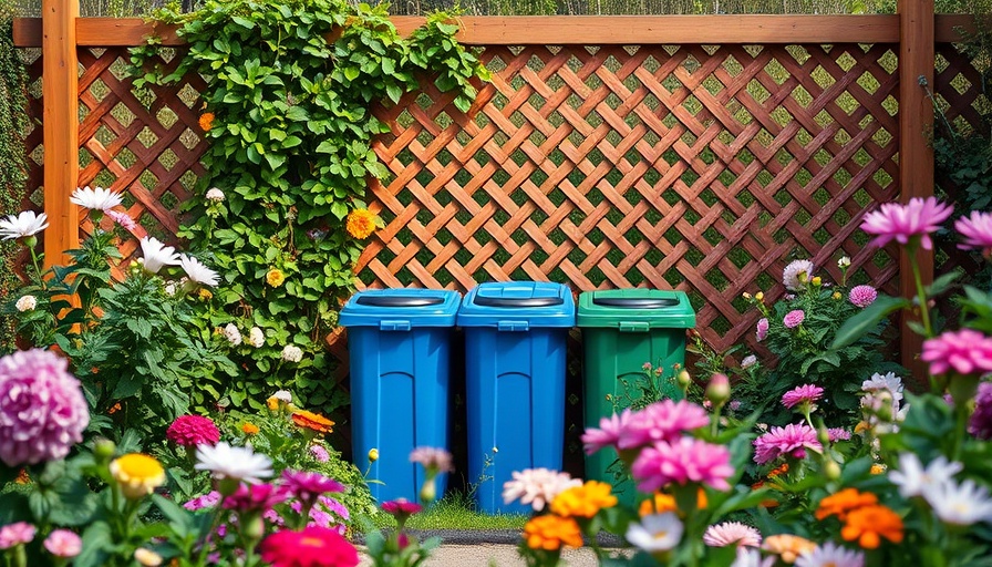 Tips on how to hide trash cans outside using lattice fence and plants.