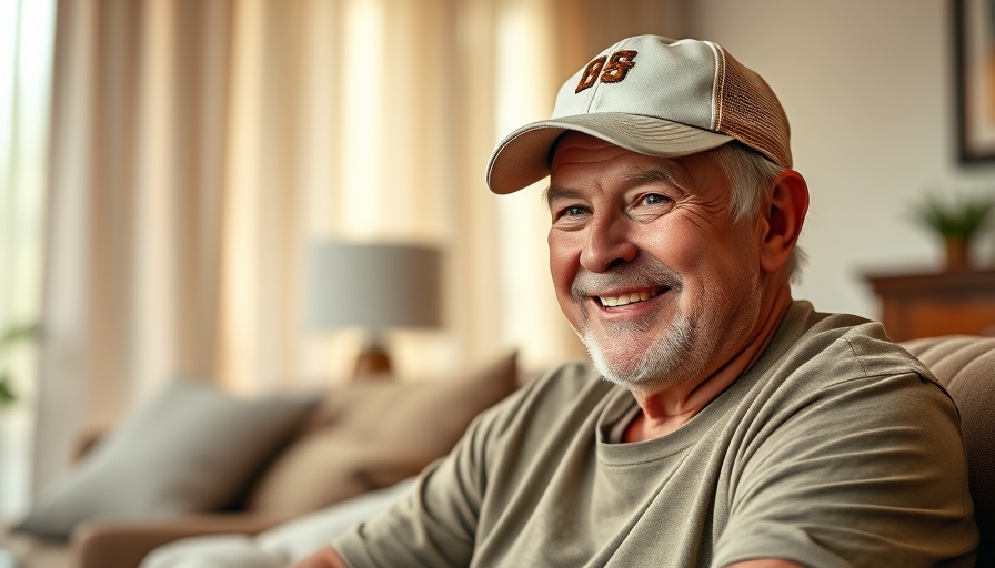 Casual older man smiling indoors, wearing a cap and sports shirt, soft lighting.