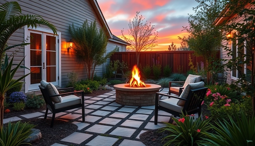 Small backyard hardscaping with fire pit and seating area.