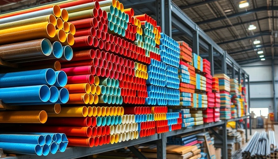 Vibrant stacked metal pipes on industrial shelves in a warehouse.