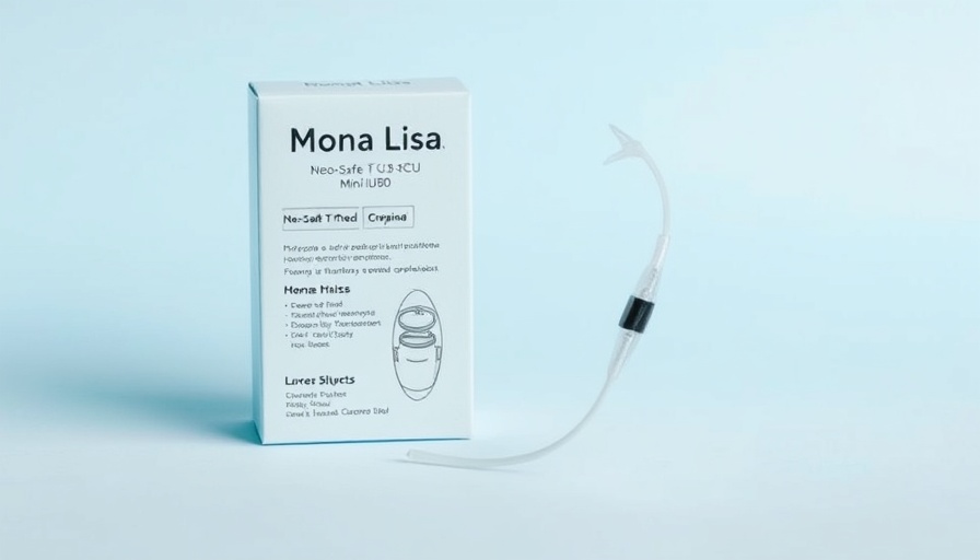 Mini nonhormonal IUD packaging and illustration against light blue background.