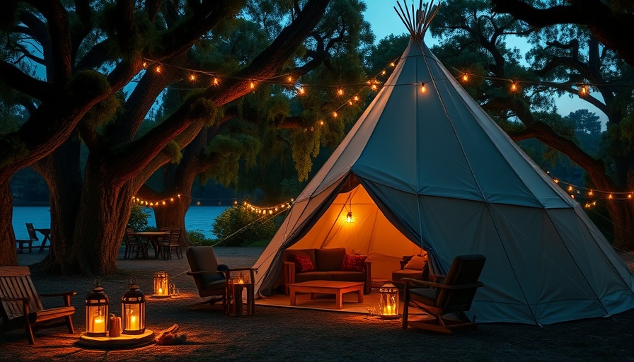 Cozy glamping site with tipi and lights for seniors, twilight setting.