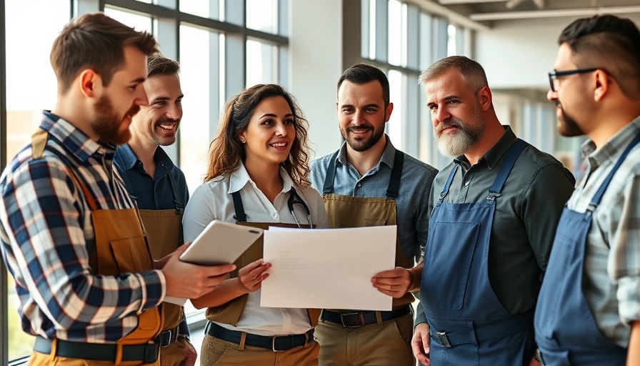 Diverse plumbers collaborate in modern office for 2025 Plumbing Manufacturers Annual Report.