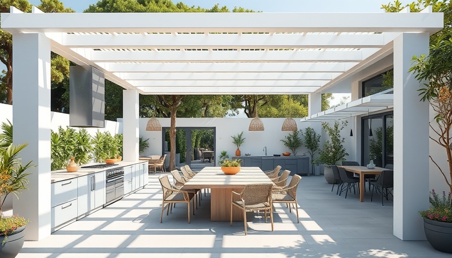 Outdoor kitchen pergola design ideas with modern dining space.
