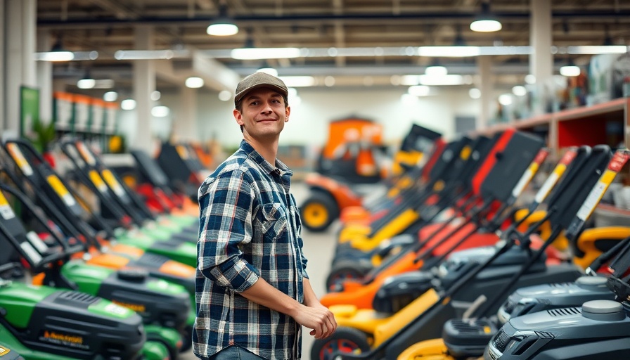 Man shopping for lawn mowers in a store - Best Time to Buy a Lawn Mower.