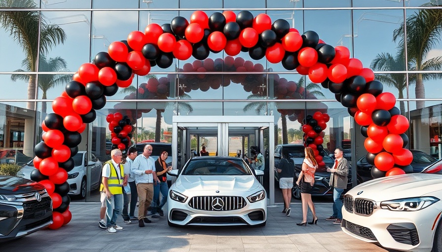 Car dealership entrance celebration with festive balloons.