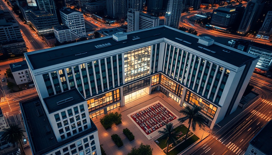 Aerial view of modern China embassy in London at night.