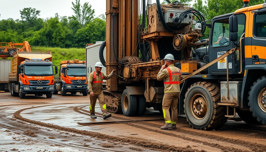 Industrial drilling operation in a muddy area with workers and machinery.