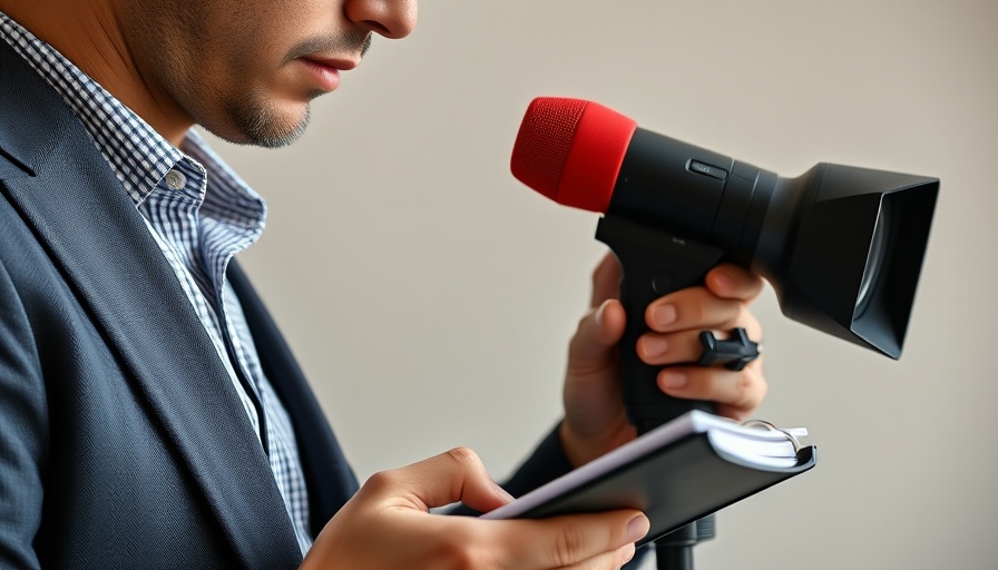 Journalist recording latest medical news with microphone and notepad