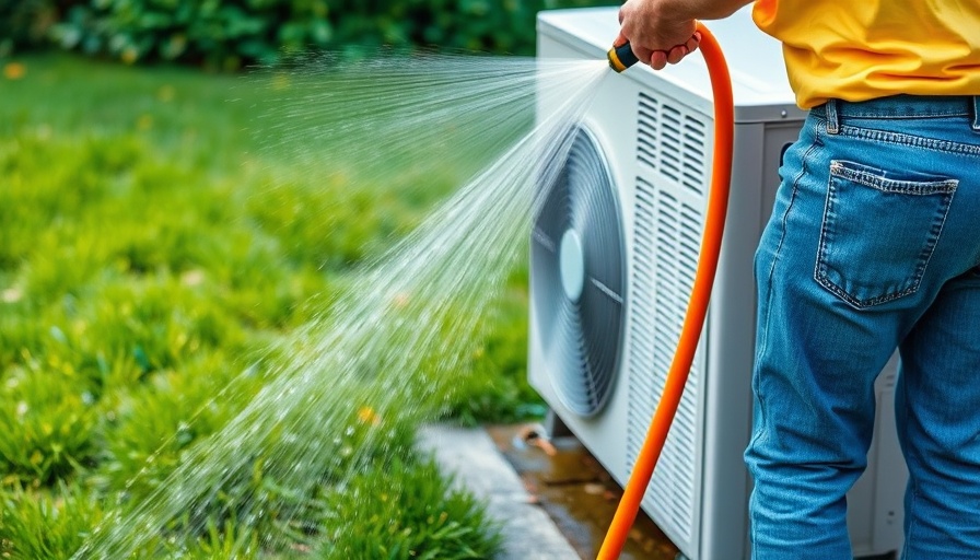 Person washing air conditioning unit outdoors, showing maintenance process.