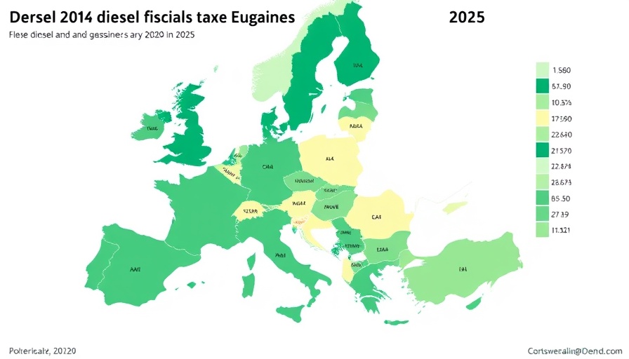 Map of Europe showing diesel and gas taxes in 2025, color-coded chart.