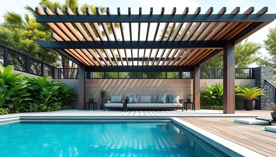 Modern pergola design with outdoor seating and greenery.